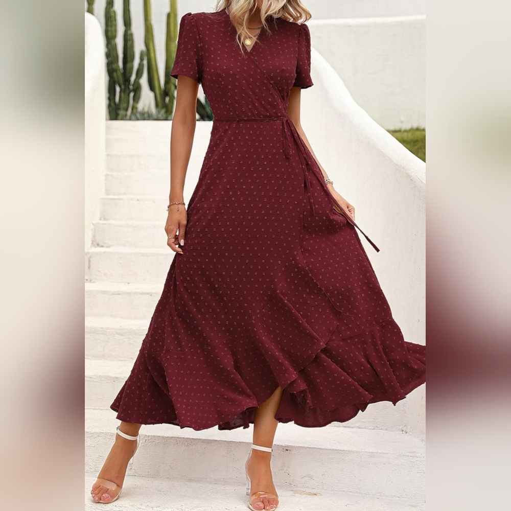 Swiss Dot Burgundy Wrap Dress - Picture 6 of 11